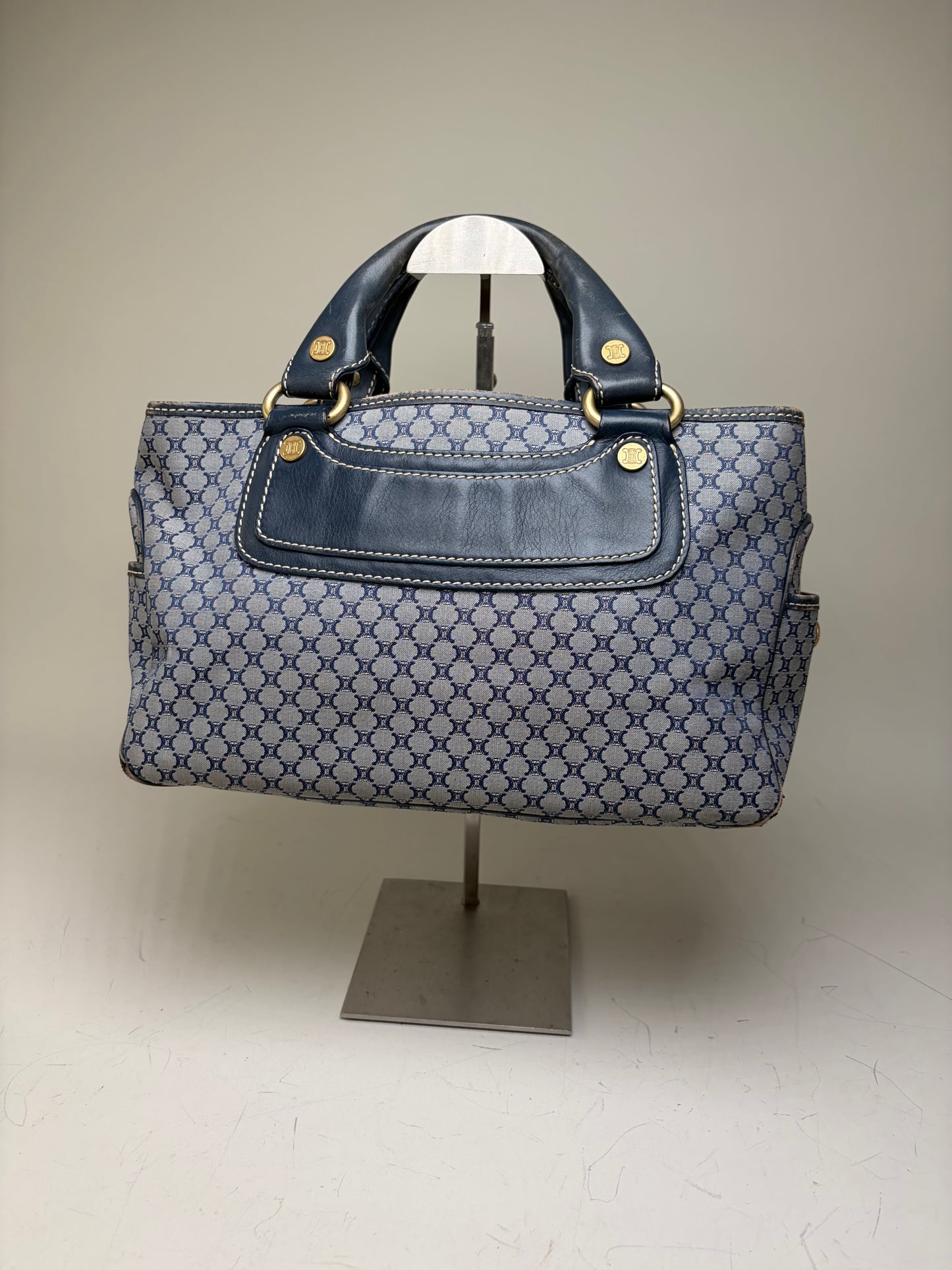 Vintage Celine Macadam Coated Canvas Handbag Light Blue Navy