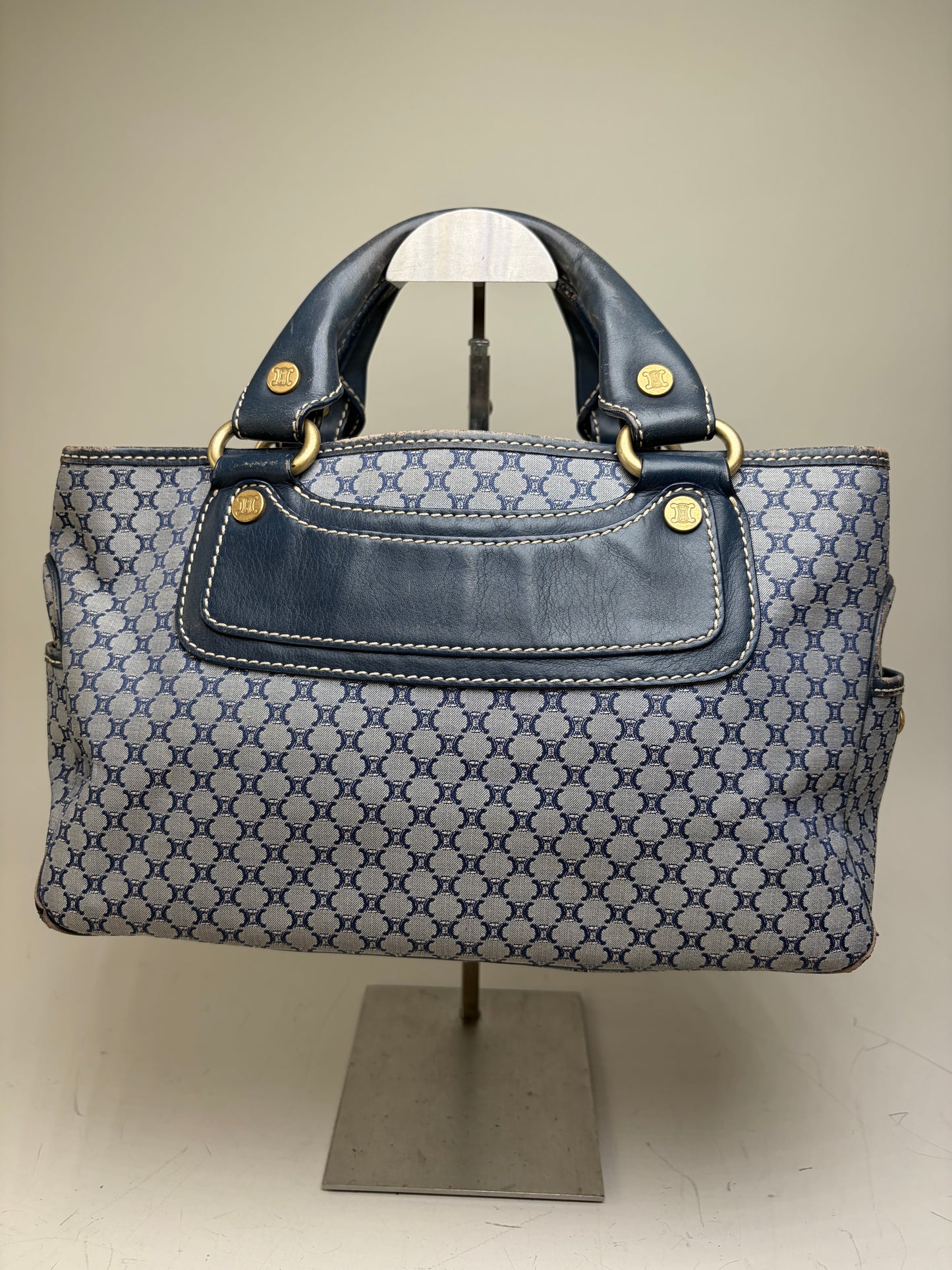 Vintage Celine Macadam Coated Canvas Handbag Light Blue Navy