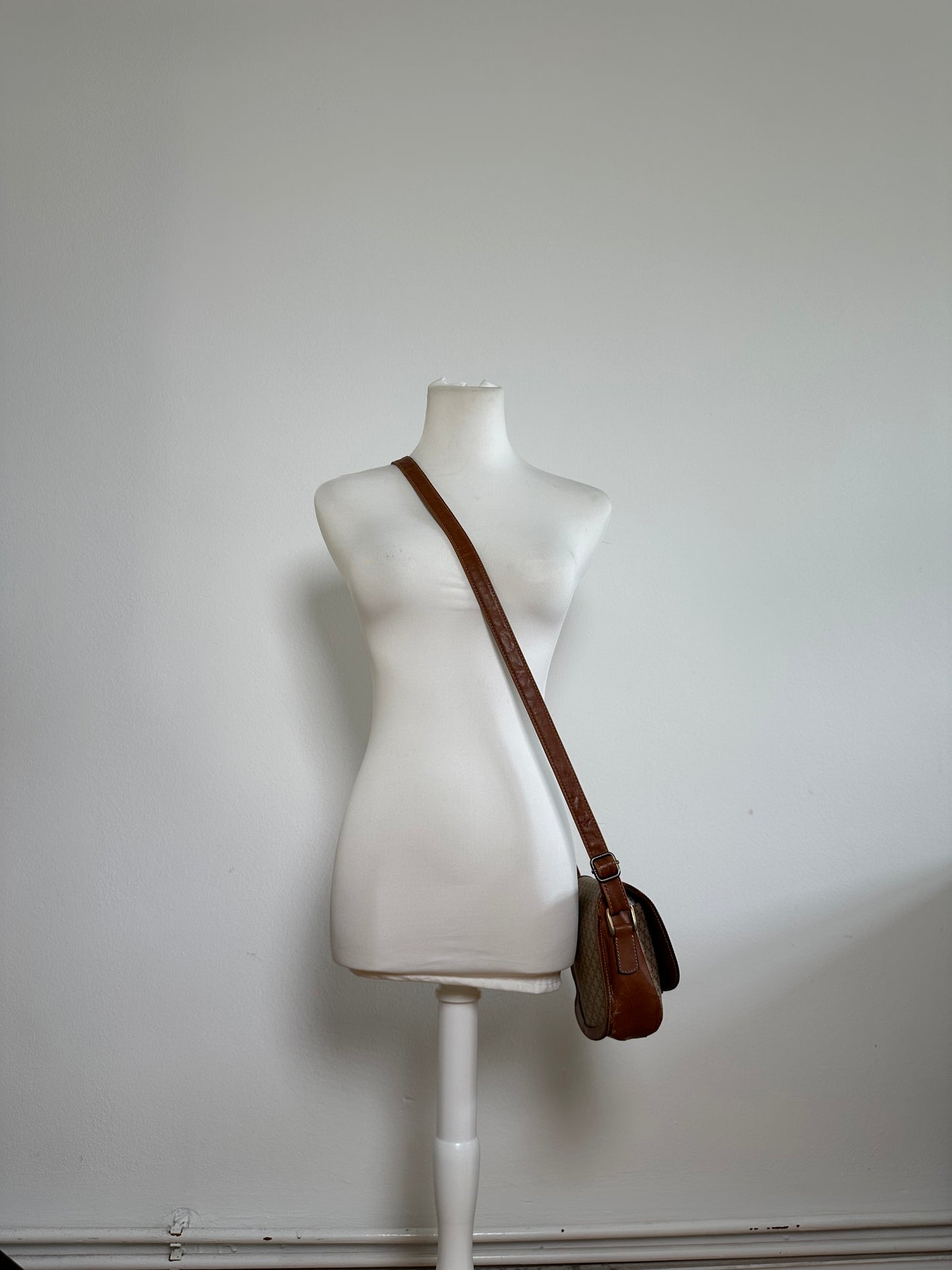 Vintage Celine Macadam Canvas Crossbody Bag Beige Brown