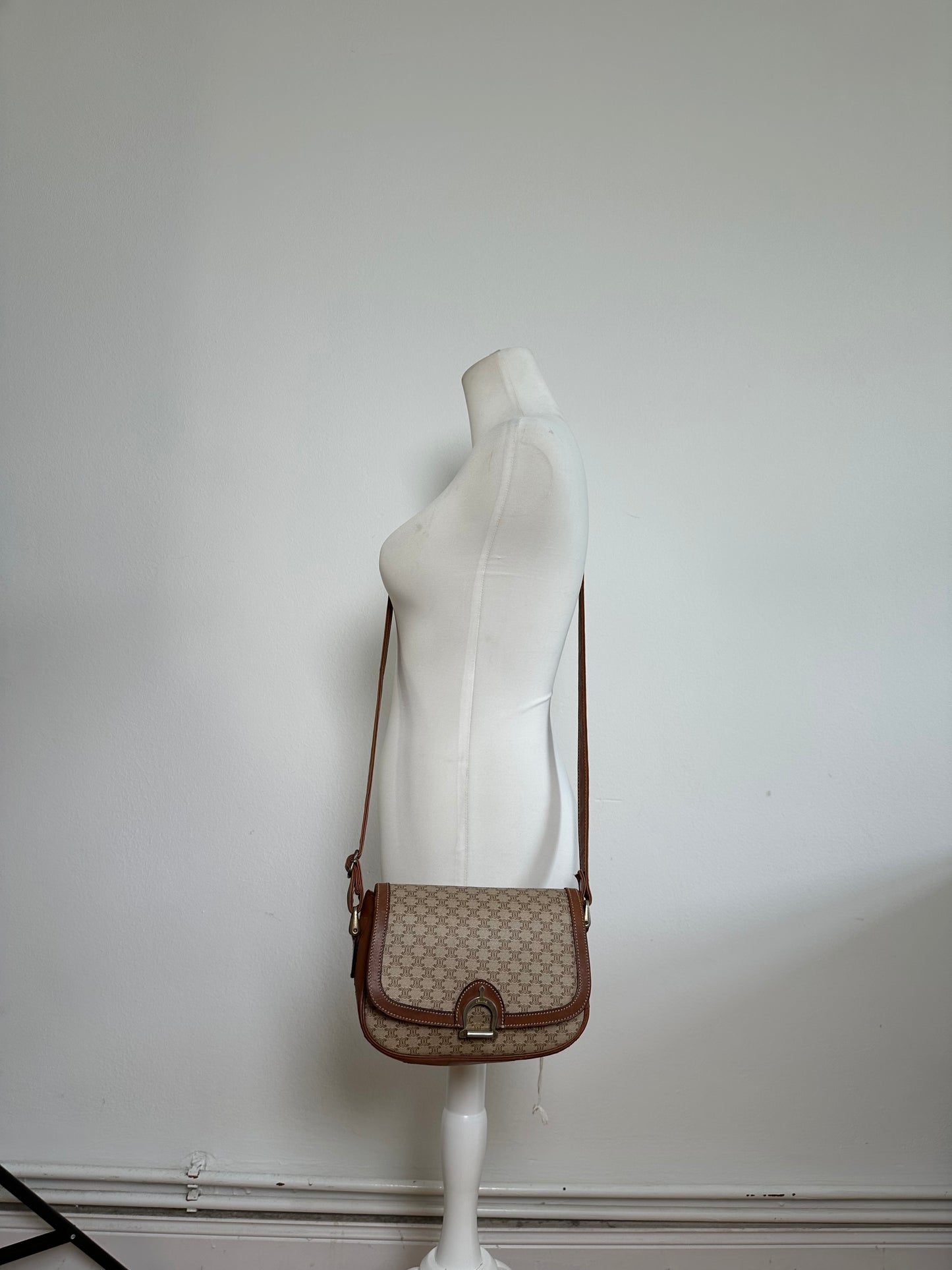 Vintage Celine Macadam Canvas Crossbody Bag Beige Brown