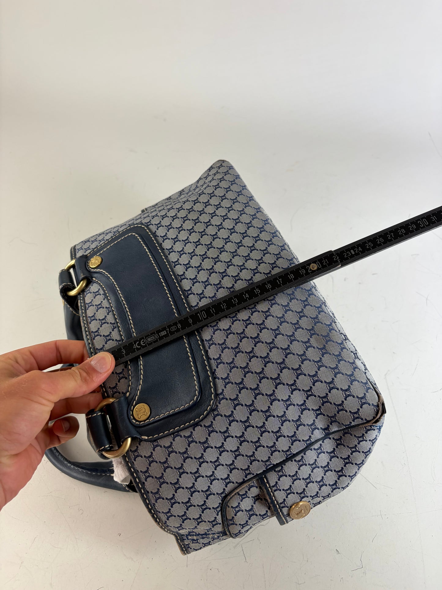 Vintage Celine Macadam Coated Canvas Handbag Light Blue Navy