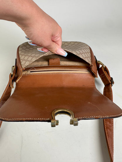 Vintage Celine Macadam Canvas Crossbody Bag Beige Brown