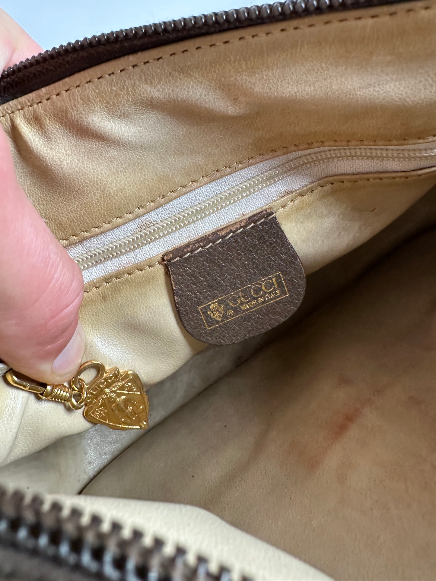 Vintage Gucci GG Monogram Web Stripe Canvas Leather Crossbody Bag Beige Brown