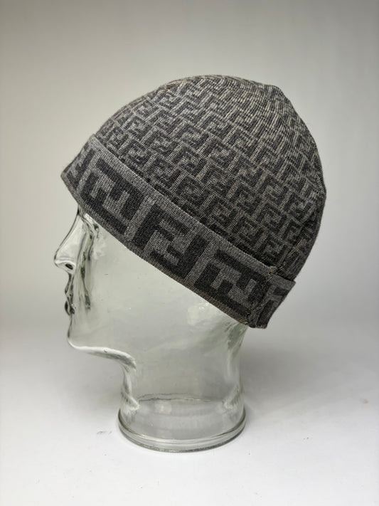 Vintage Fendi Zucca Wool Beanie Hat Grey c. Late 2000s