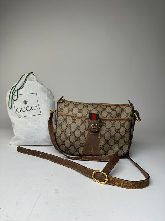 Vintage Gucci GG Monogram Web Stripe Canvas Leather Crossbody Bag Beige Brown