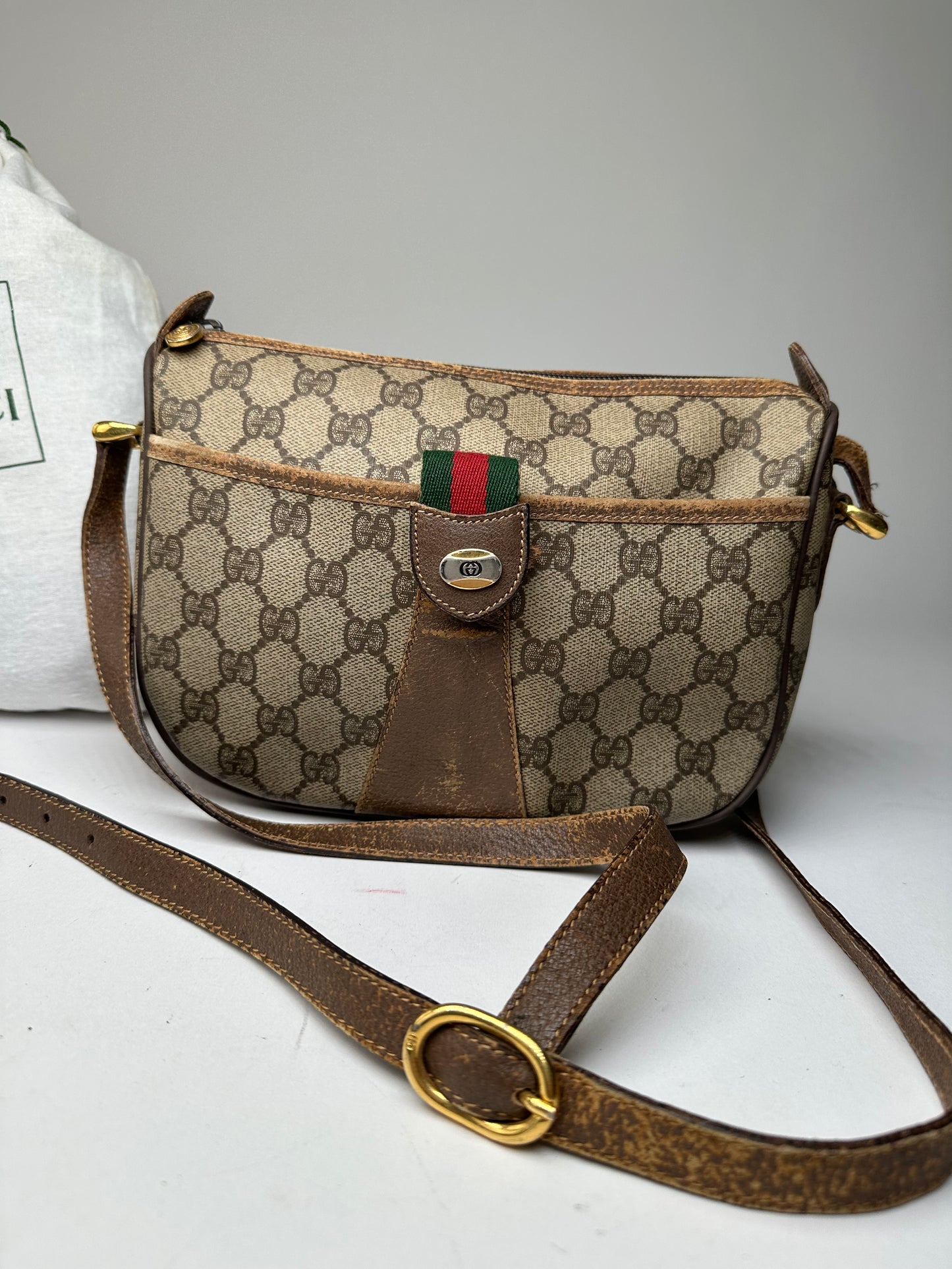 Vintage Gucci GG Monogram Web Stripe Canvas Leather Crossbody Bag Beige Brown