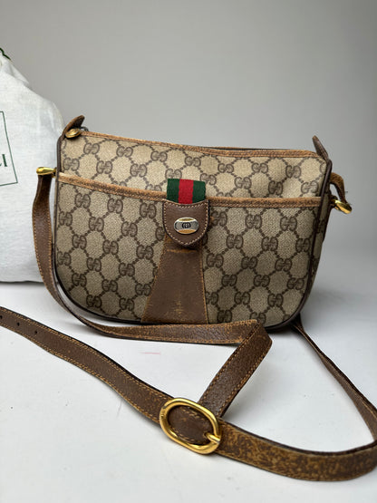 Vintage Gucci GG Monogram Web Stripe Canvas Leather Crossbody Bag Beige Brown