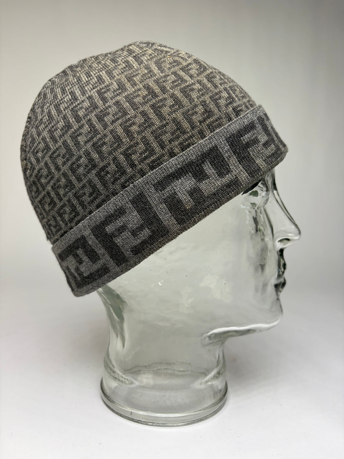 Vintage Fendi Zucca Wool Beanie Hat Grey c. Late 2000s