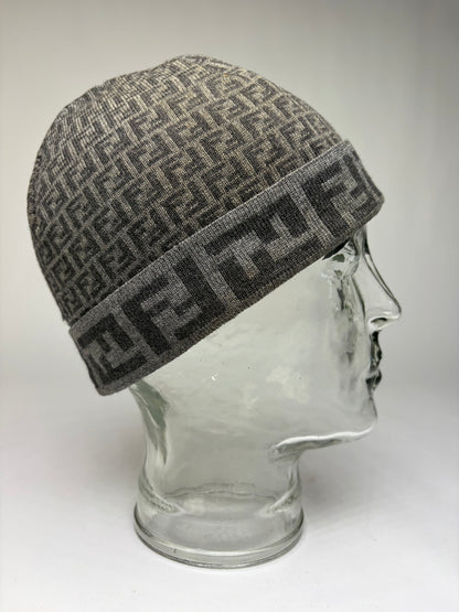 Vintage Fendi Zucca Wool Beanie Hat Grey c. Late 2000s