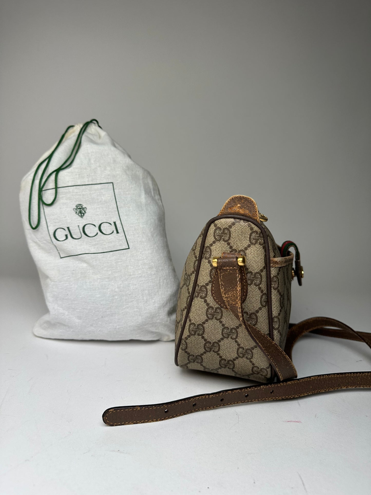 Vintage Gucci GG Monogram Web Stripe Canvas Leather Crossbody Bag Beige Brown
