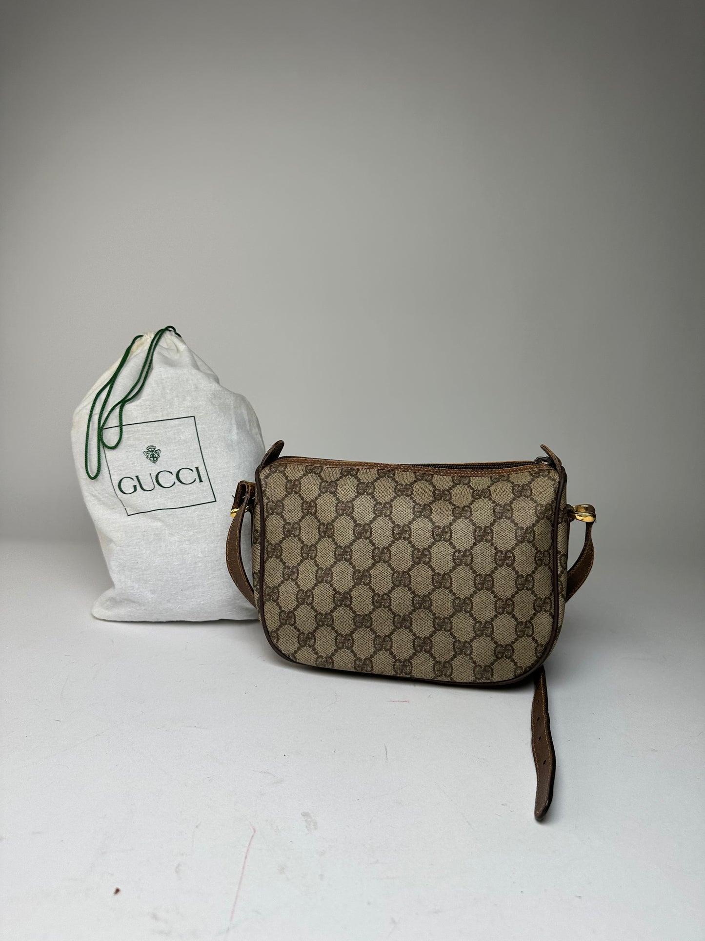 Vintage Gucci GG Monogram Web Stripe Canvas Leather Crossbody Bag Beige Brown