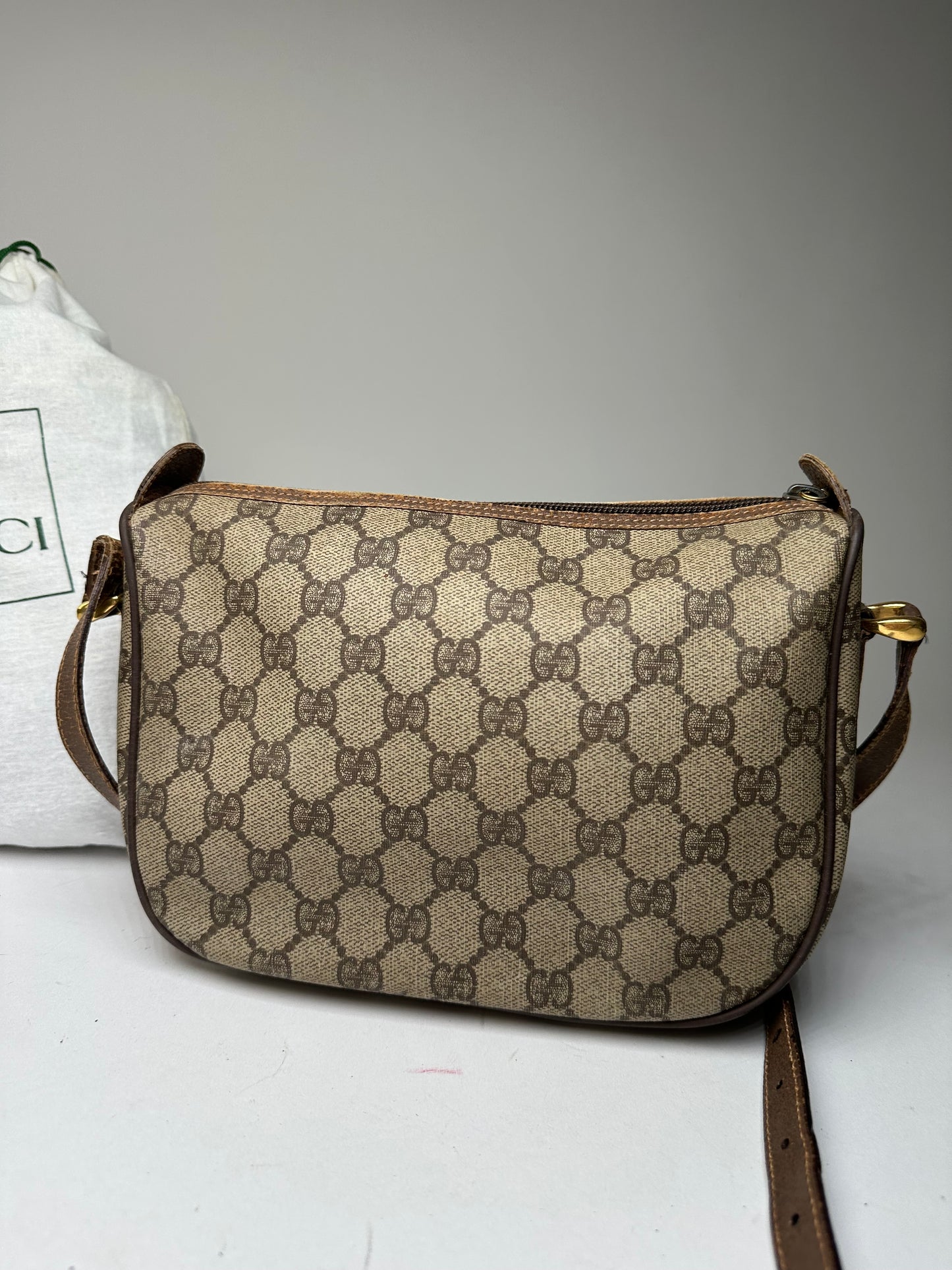 Vintage Gucci GG Monogram Web Stripe Canvas Leather Crossbody Bag Beige Brown