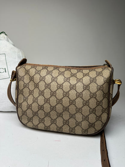 Vintage Gucci GG Monogram Web Stripe Canvas Leather Crossbody Bag Beige Brown