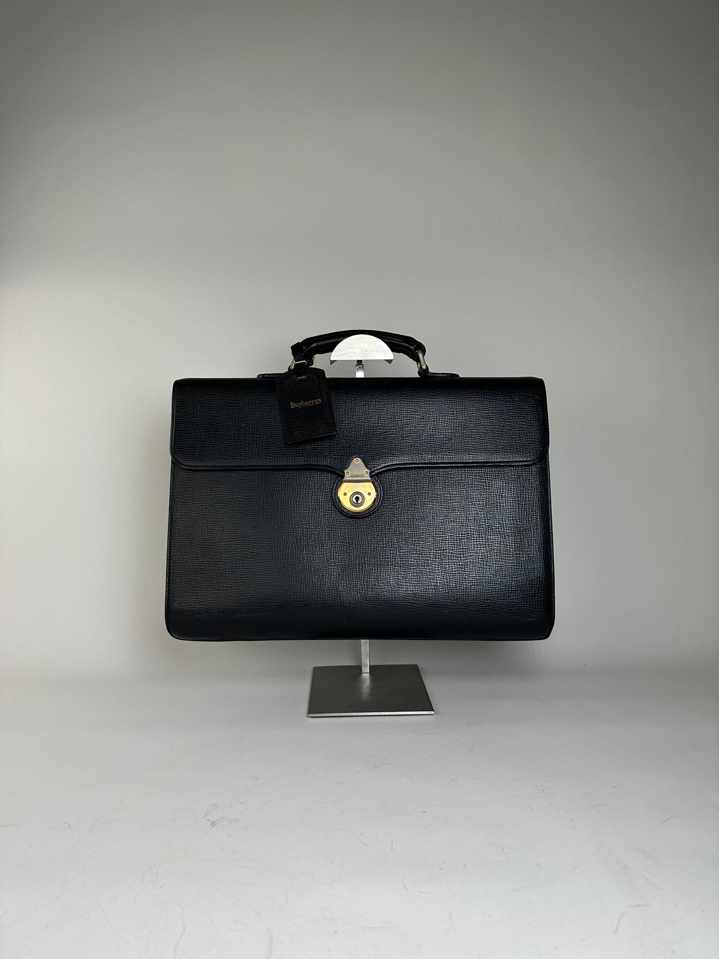 Vintage Burberry Textured Leather Briefcase Black Gold