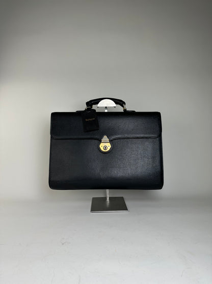 Vintage Burberry Textured Leather Briefcase Black Gold