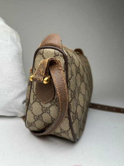 Vintage Gucci GG Monogram Web Stripe Canvas Leather Crossbody Bag Beige Brown