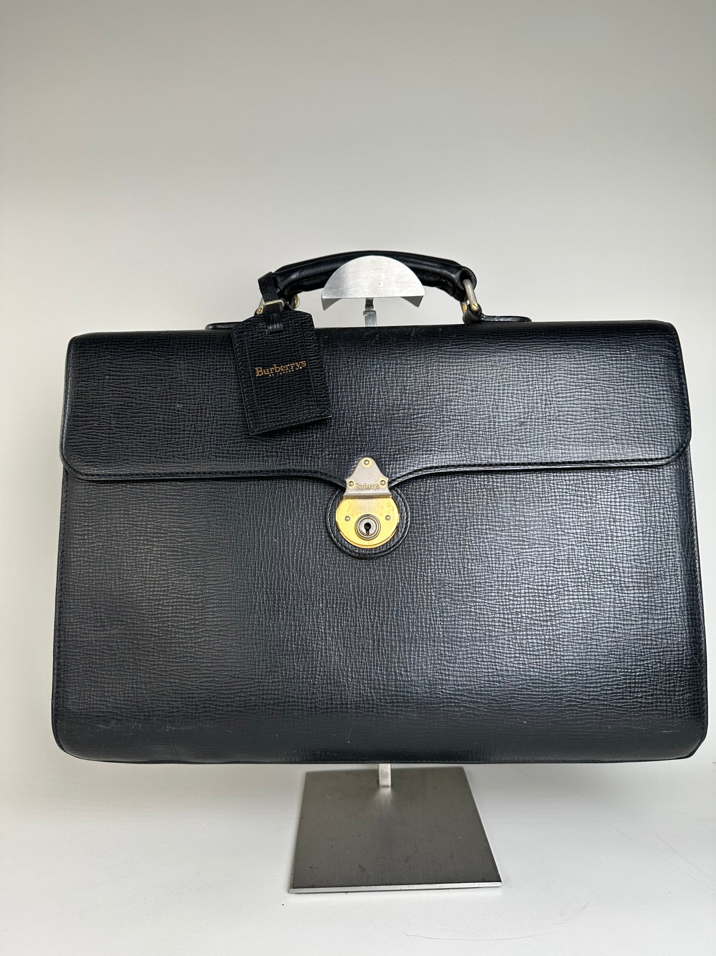 Vintage Burberry Textured Leather Briefcase Black Gold