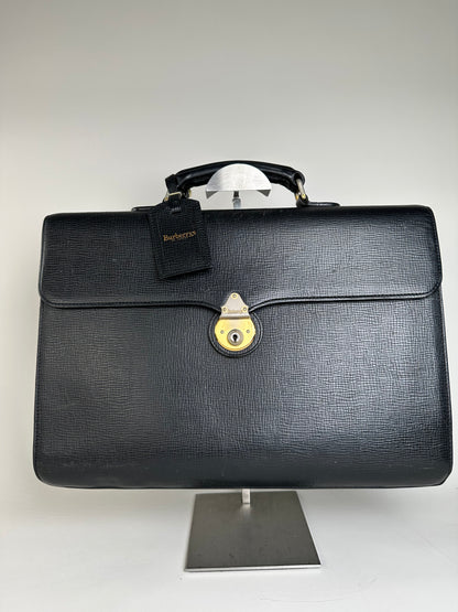 Vintage Burberry Textured Leather Briefcase Black Gold