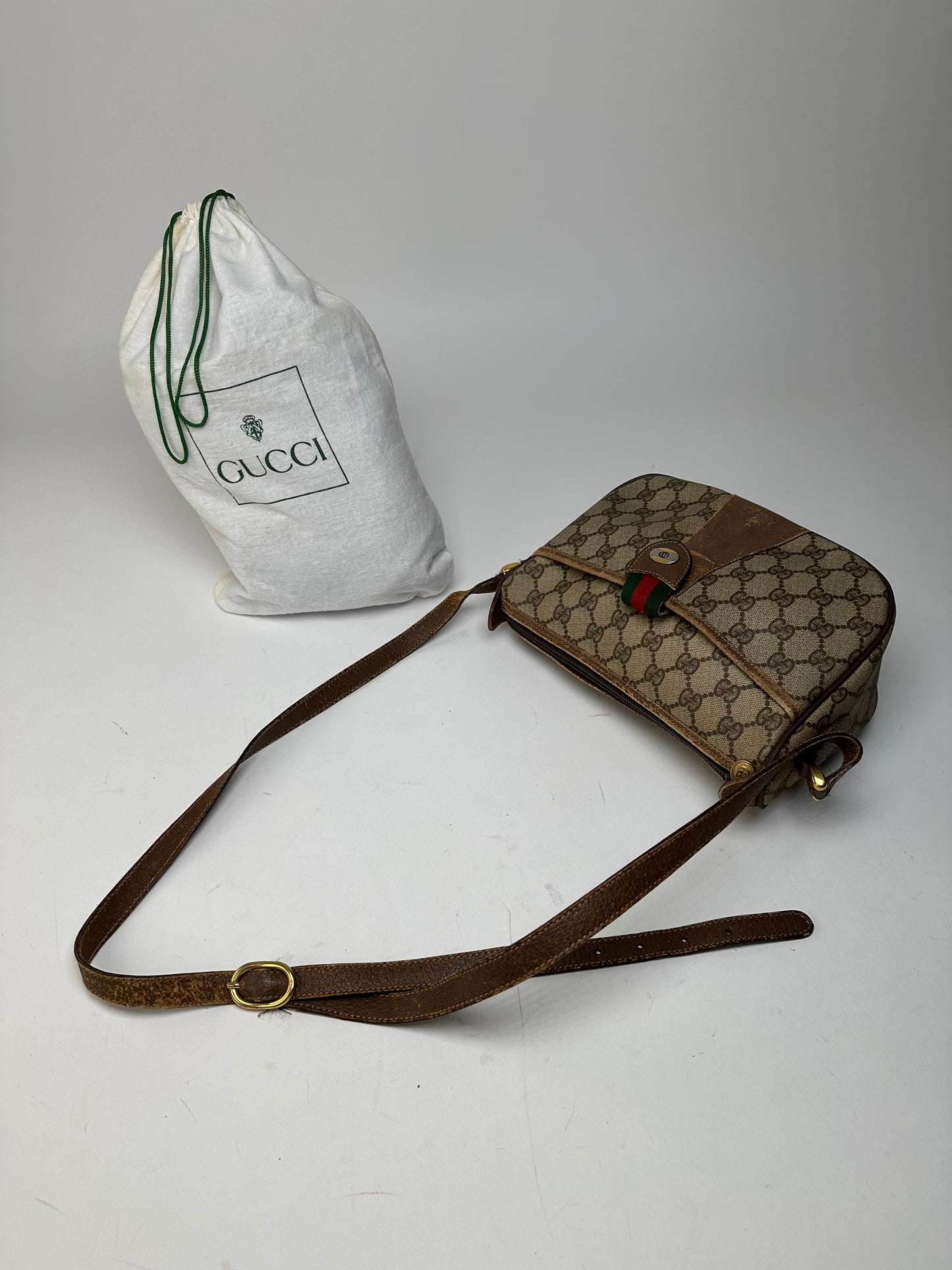 Vintage Gucci GG Monogram Web Stripe Canvas Leather Crossbody Bag Beige Brown