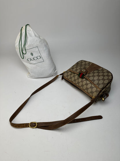 Vintage Gucci GG Monogram Web Stripe Canvas Leather Crossbody Bag Beige Brown