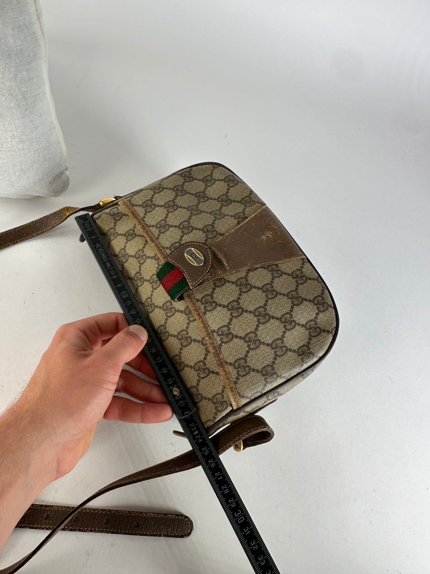 Vintage Gucci GG Monogram Web Stripe Canvas Leather Crossbody Bag Beige Brown