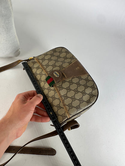 Vintage Gucci GG Monogram Web Stripe Canvas Leather Crossbody Bag Beige Brown