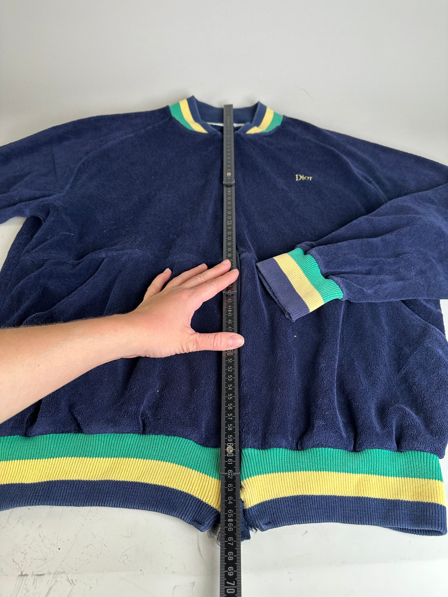 Vintage Dior Men's Cotton Velour Jacket Navy Yellow Green L