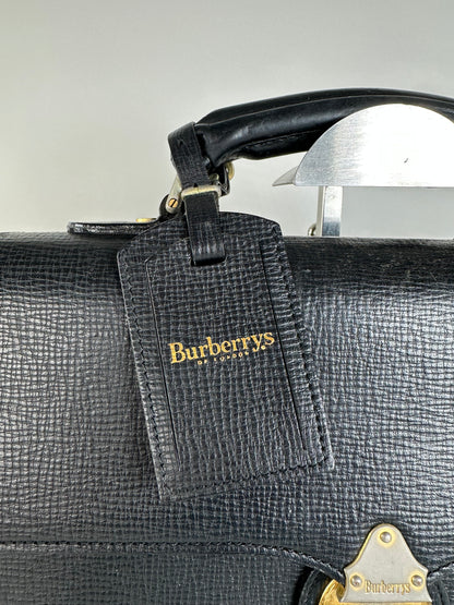 Vintage Burberry Textured Leather Briefcase Black Gold