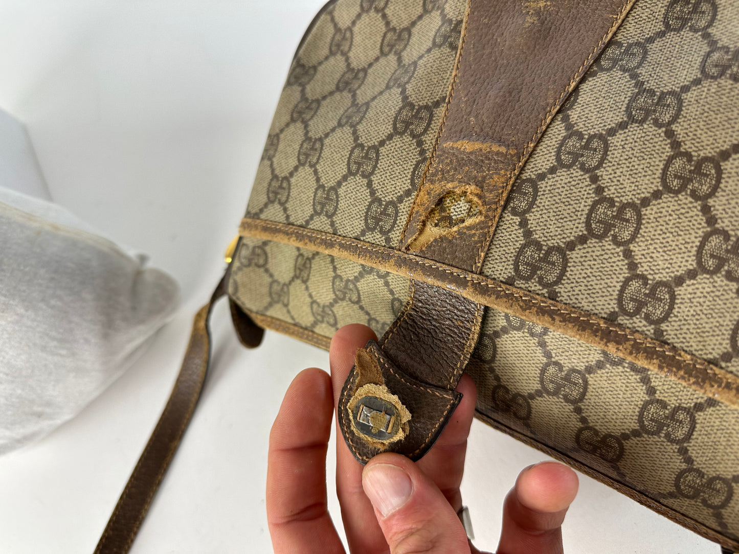 Vintage Gucci GG Monogram Web Stripe Canvas Leather Crossbody Bag Beige Brown