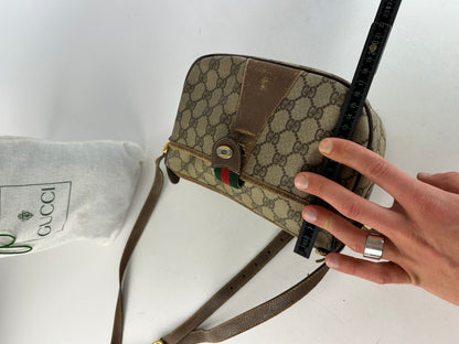 Vintage Gucci GG Monogram Web Stripe Canvas Leather Crossbody Bag Beige Brown