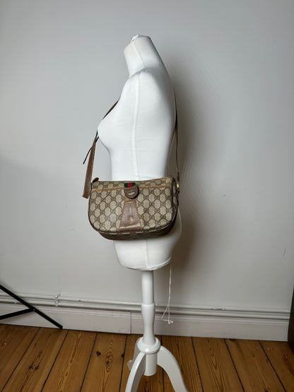 Vintage Gucci GG Monogram Web Stripe Canvas Leather Crossbody Bag Beige Brown