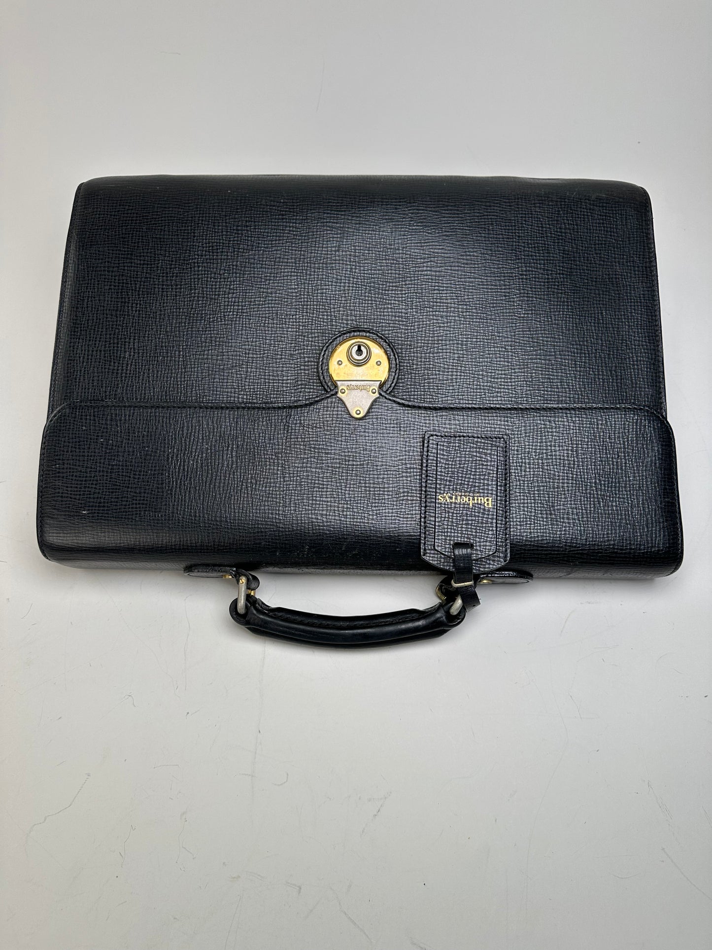 Vintage Burberry Textured Leather Briefcase Black Gold