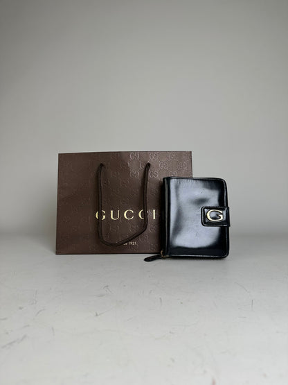 Vintage Gucci Leather Zip Wallet Black Gold