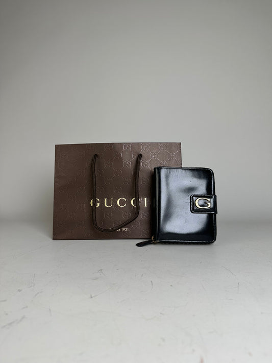 Vintage Gucci Leather Zip Wallet Black Gold