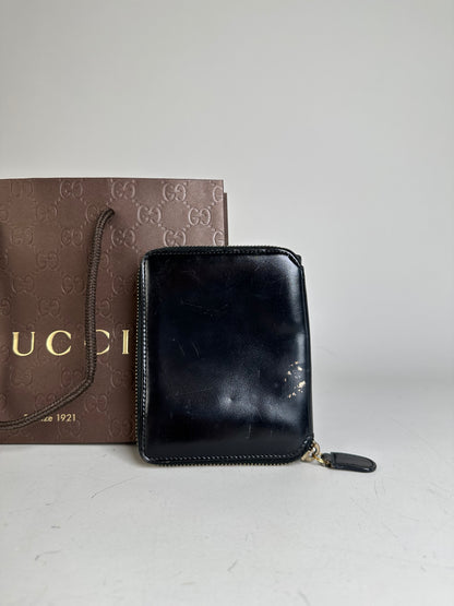 Vintage Gucci Leather Zip Wallet Black Gold
