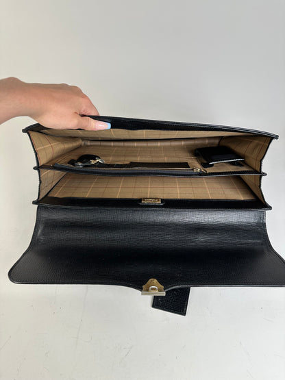 Vintage Burberry Textured Leather Briefcase Black Gold