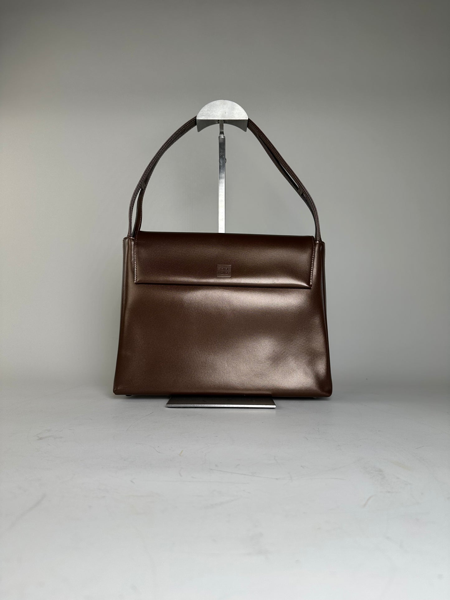 Vintage Givenchy Smooth Leather Shoulder Bag Brown Silver