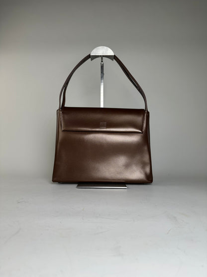 Vintage Givenchy Smooth Leather Shoulder Bag Brown Silver