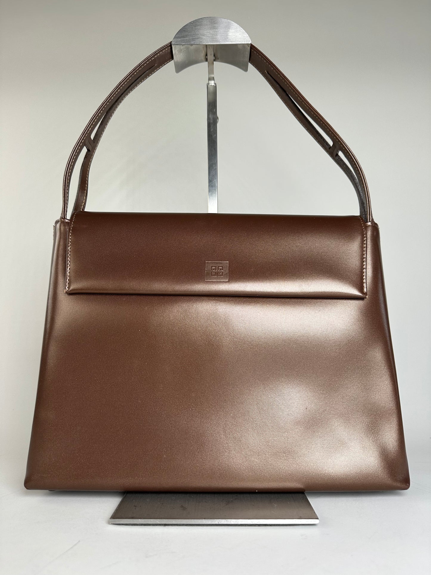 Vintage Givenchy Smooth Leather Shoulder Bag Brown Silver