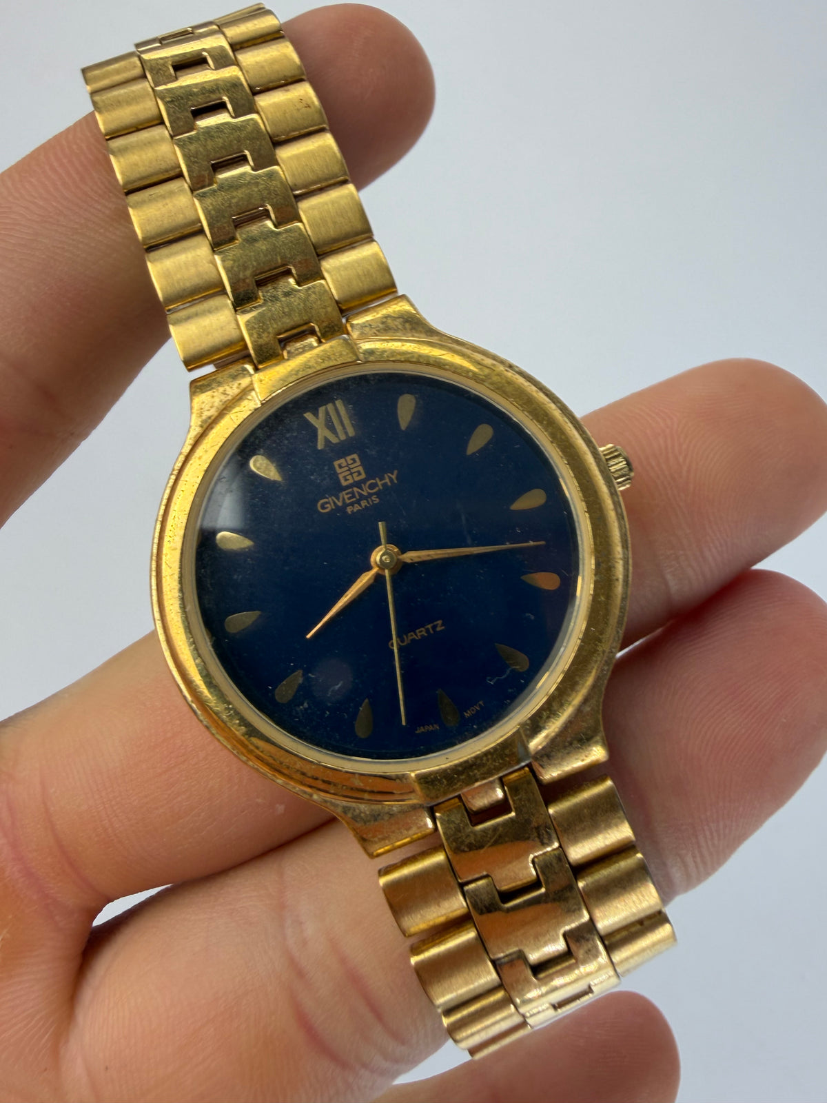 Vintage Givenchy 4G Logo Quartz Bracelet Watch c. Late 1980s Gold Blue