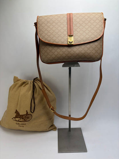 Vintage Celine Macadam Canvas Flap Crossbody Bag c. 2006 Beige Brown