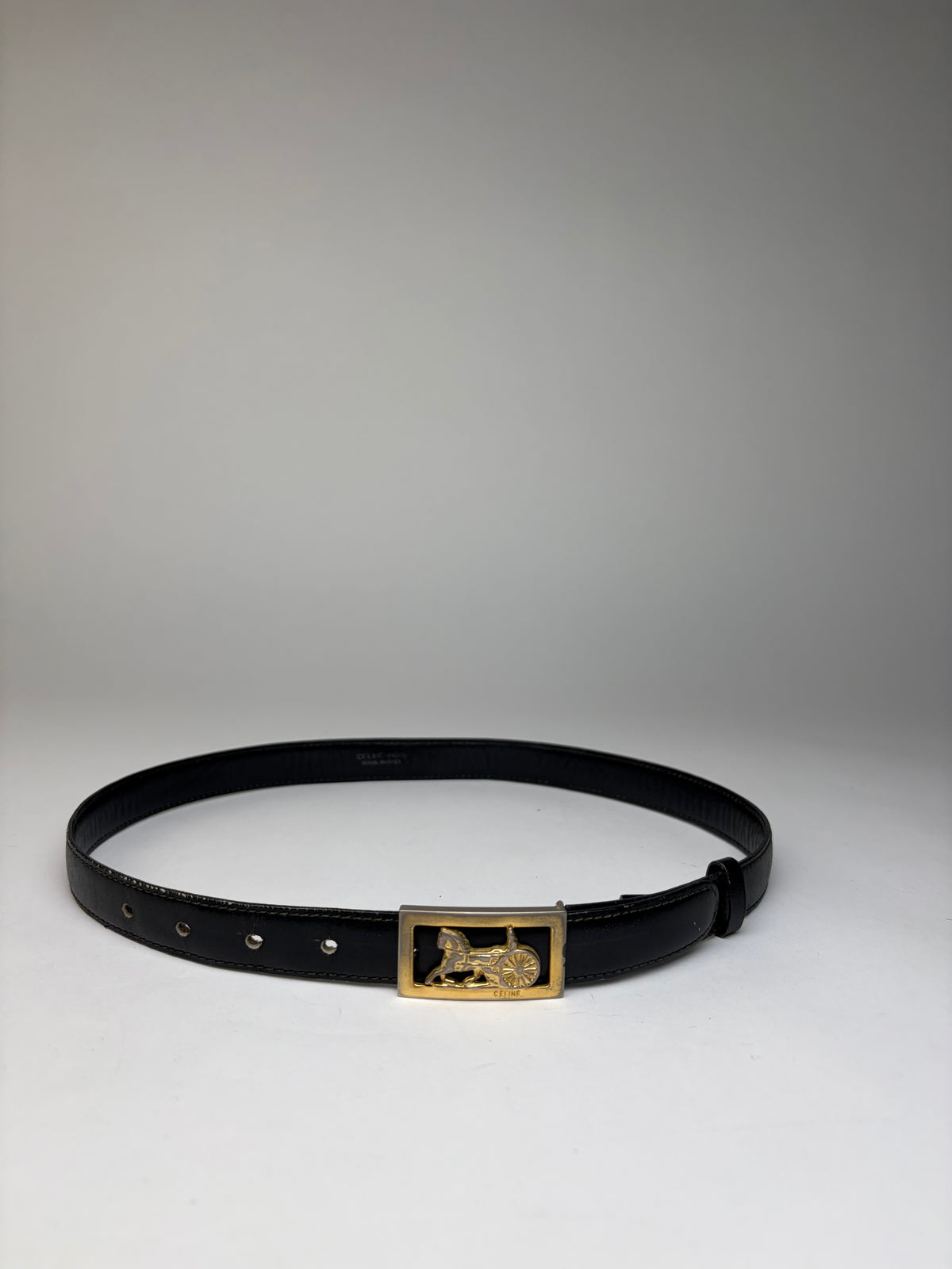 Vintage Celine Leather Horse Carriage Buckle Belt Late 1970s Black