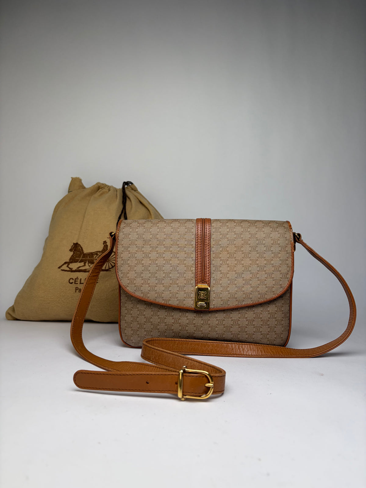 Vintage Celine Macadam Canvas Flap Crossbody Bag c. 2006 Beige Brown
