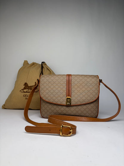 Vintage Celine Macadam Canvas Flap Crossbody Bag c. 2006 Beige Brown
