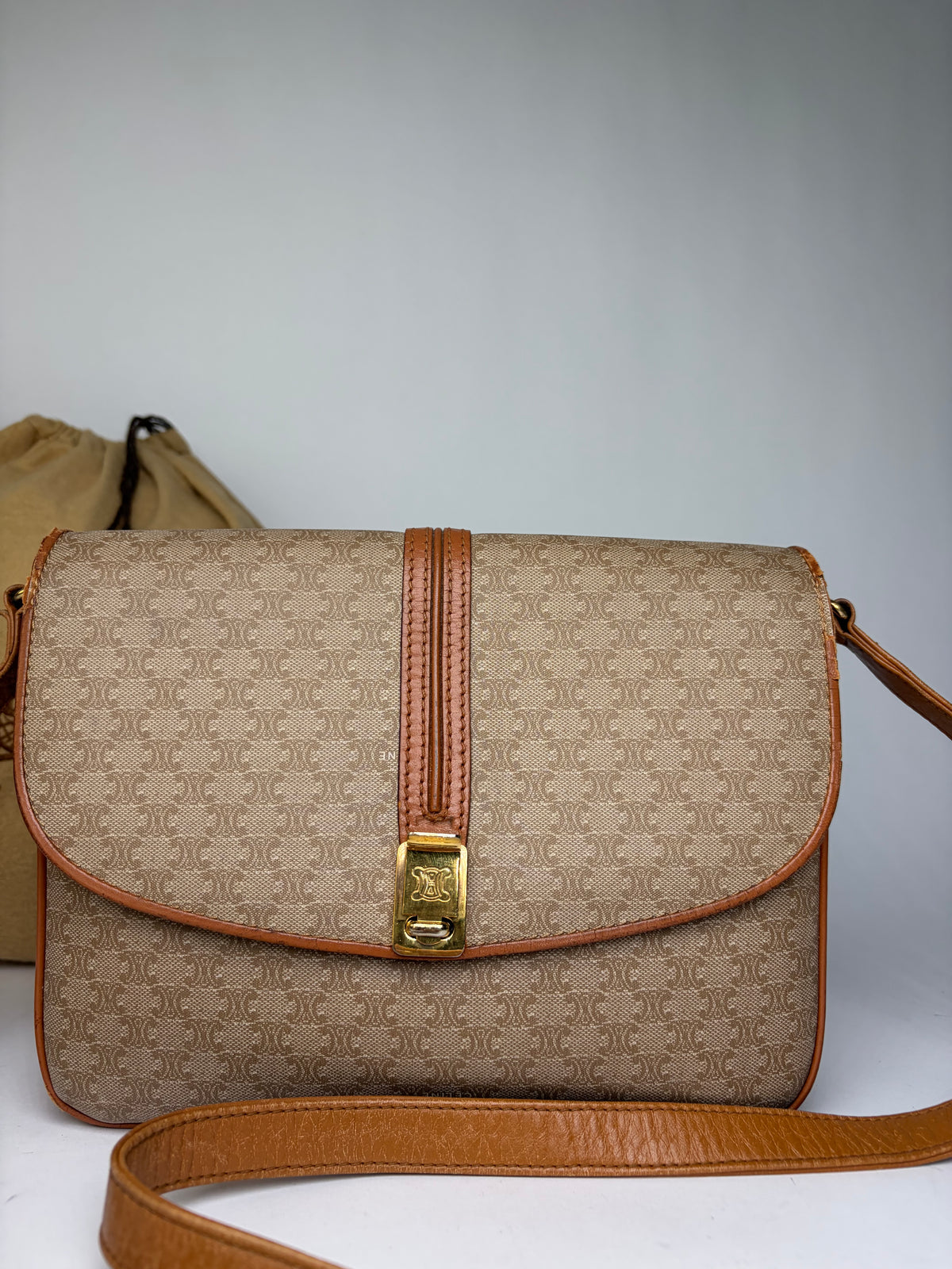 Vintage Celine Macadam Canvas Flap Crossbody Bag c. 2006 Beige Brown