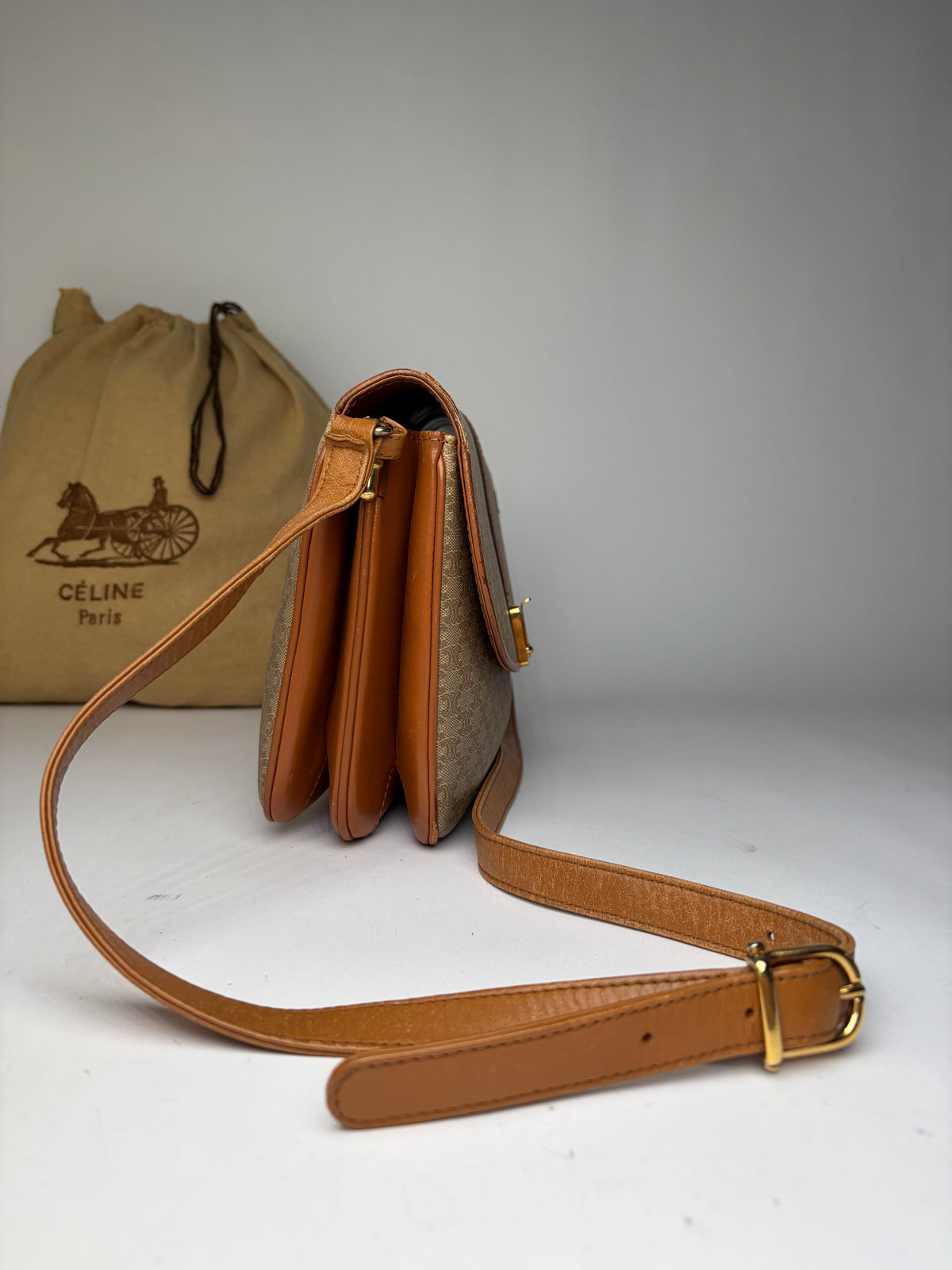 Vintage Celine Macadam Canvas Flap Crossbody Bag c. 2006 Beige Brown