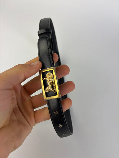 Vintage Celine Leather Horse Carriage Buckle Belt Late 1970s Black