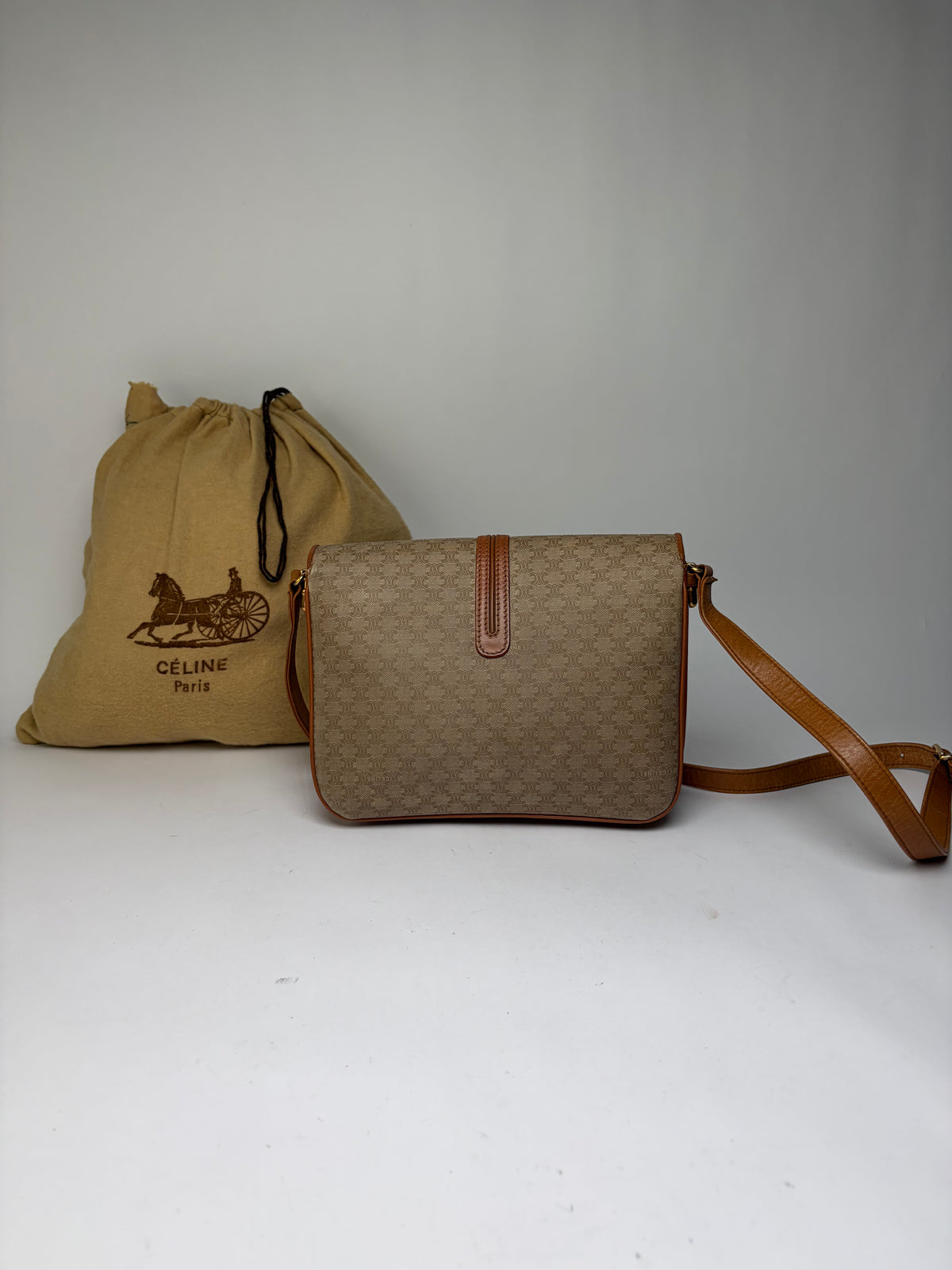 Vintage Celine Macadam Canvas Flap Crossbody Bag c. 2006 Beige Brown