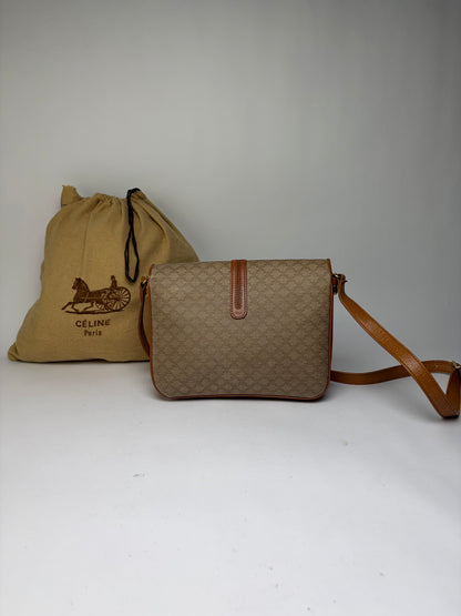 Vintage Celine Macadam Canvas Flap Crossbody Bag c. 2006 Beige Brown