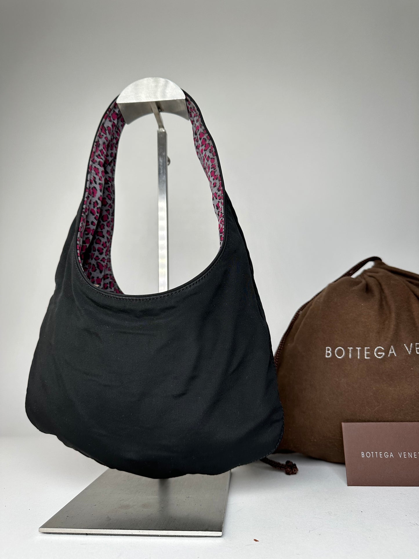 Vintage Bottega Veneta Reversible Nylon Hobo Bag Leopard Pink Black